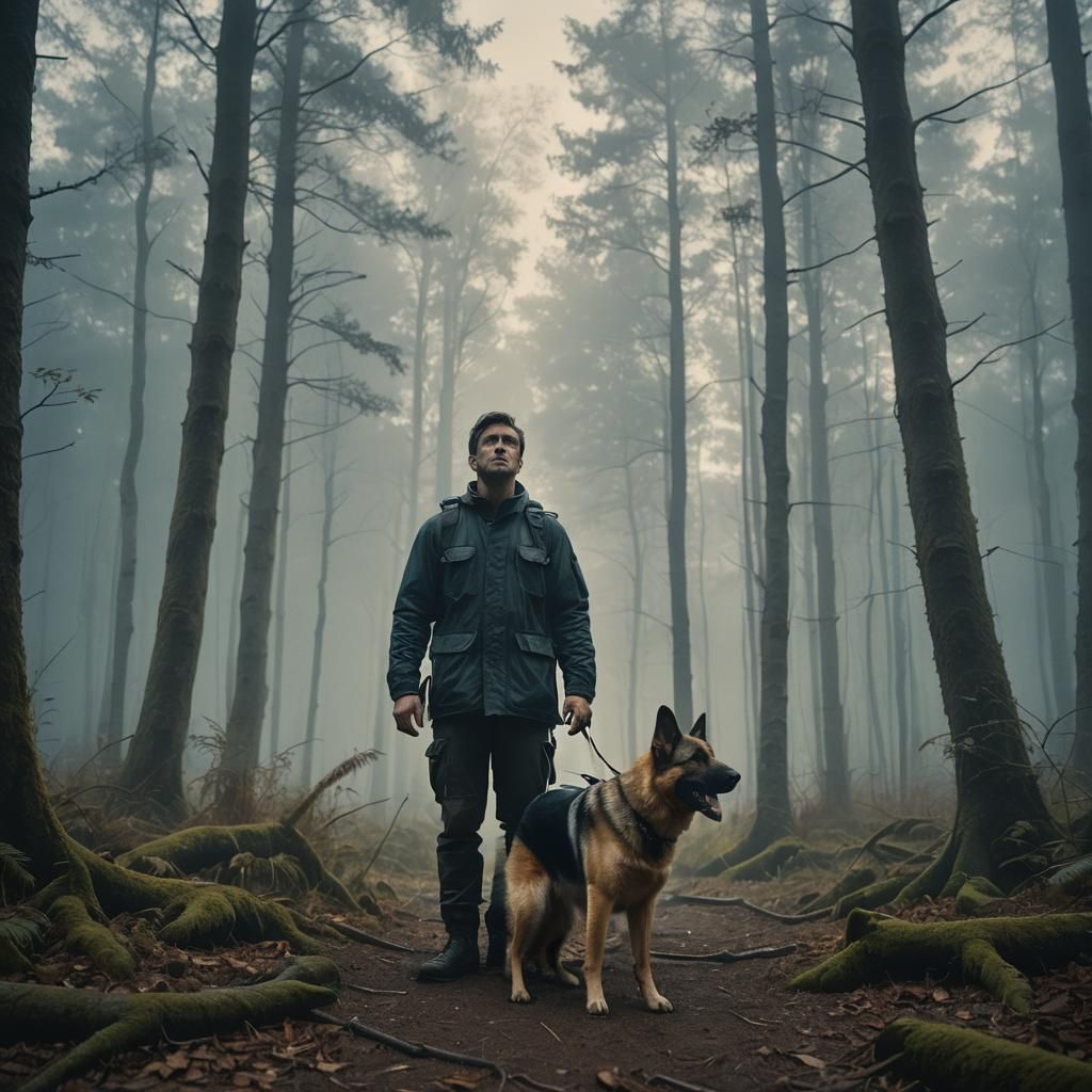 Humanoid German Shepherd in Misty Forest: Cinematic Still