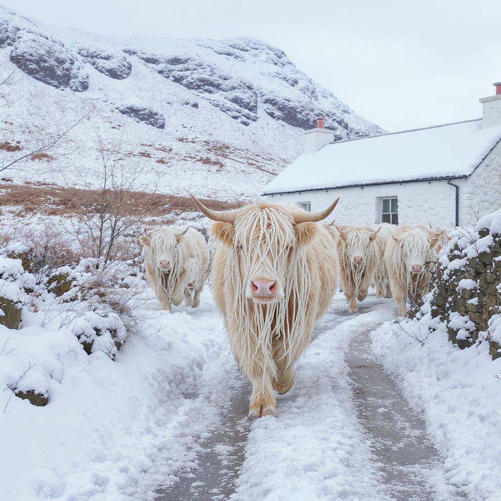Albino Highland Cows in Snowy Winter Scene