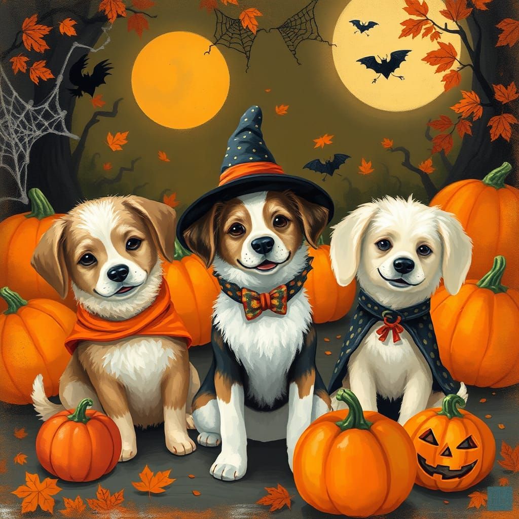 Halloween Dogs in Costumes: Whimsical Illustration
