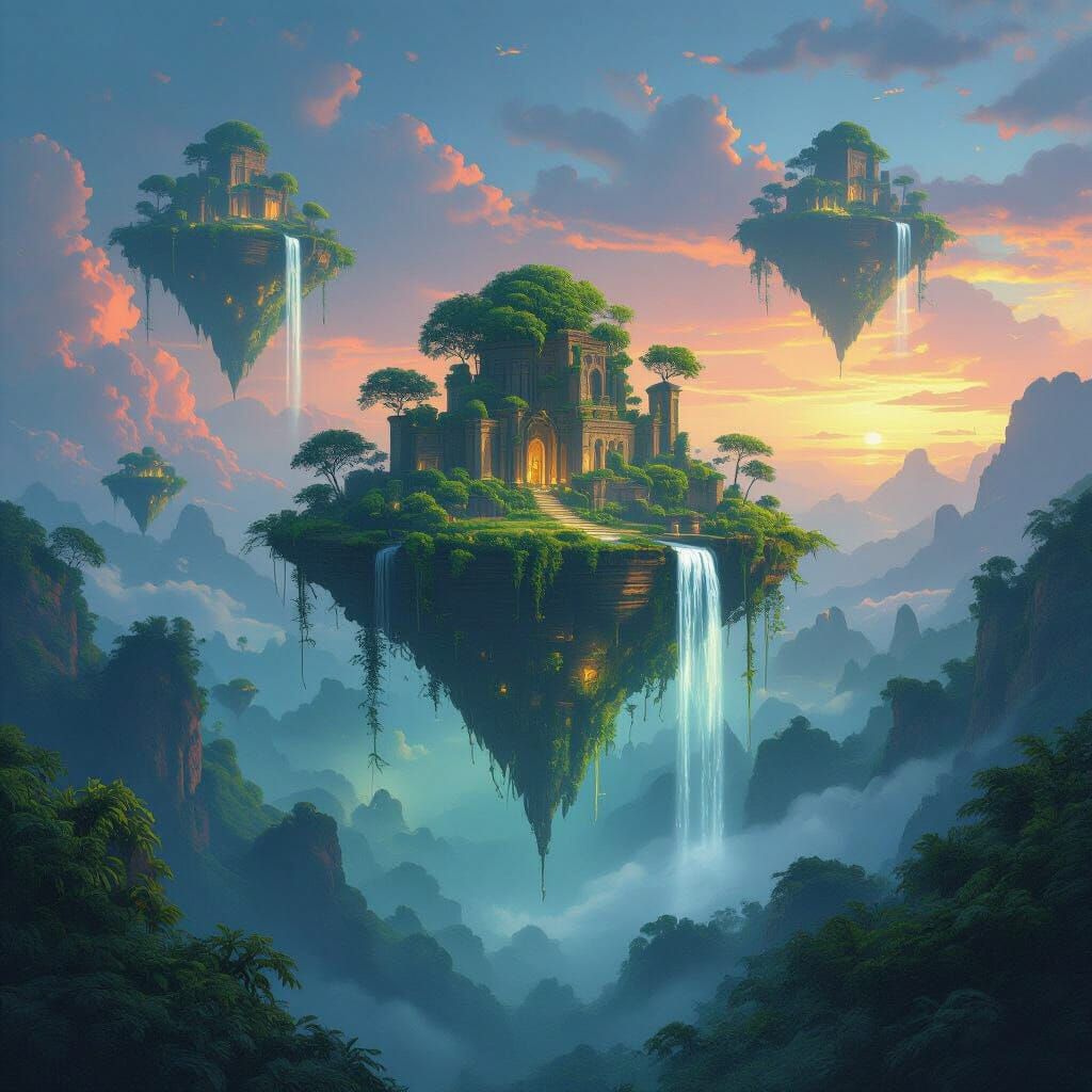 Floating Islands Above Glowing Jungle, Digital Concept Art