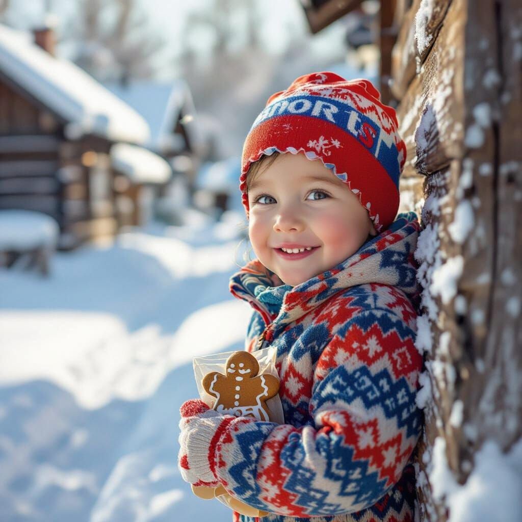Child Smiles in Snowy Village with Sport Cap