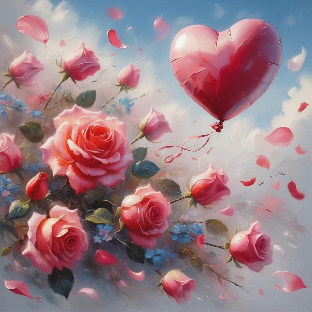 Rose Petals and Red Balloon in the Wind