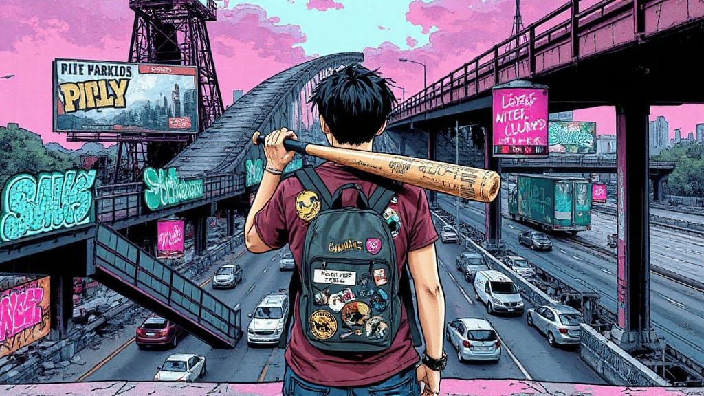 Teen Rebel Overlooking Decaying Megacity in Punk Comic Style