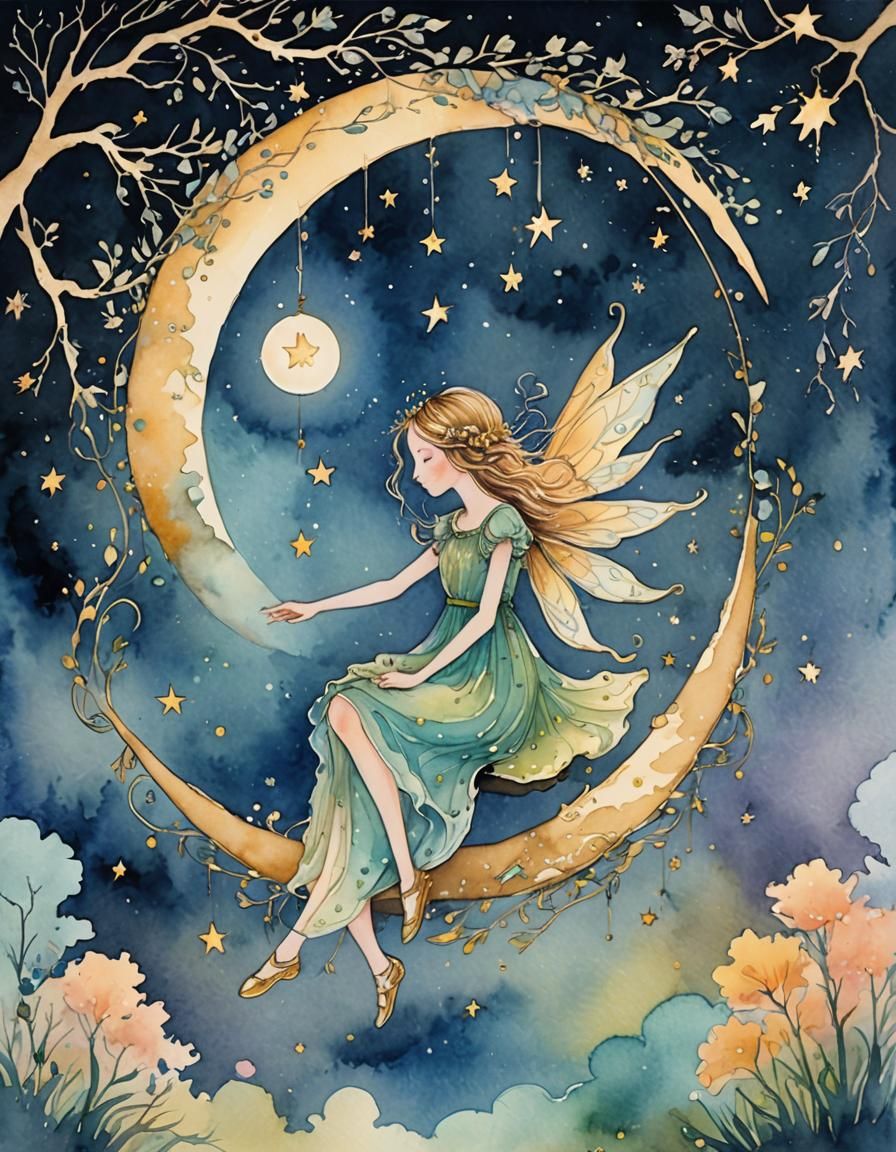 Enchanting Fairy on Moon Swing in Watercolor Style