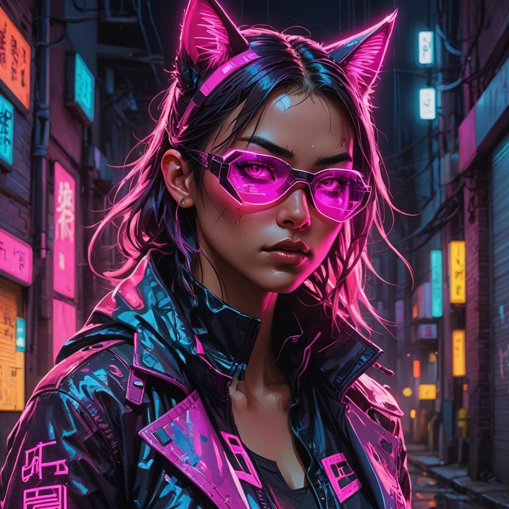 Neon Cyberpunk Catgirl Portrait in Urban Dystopia