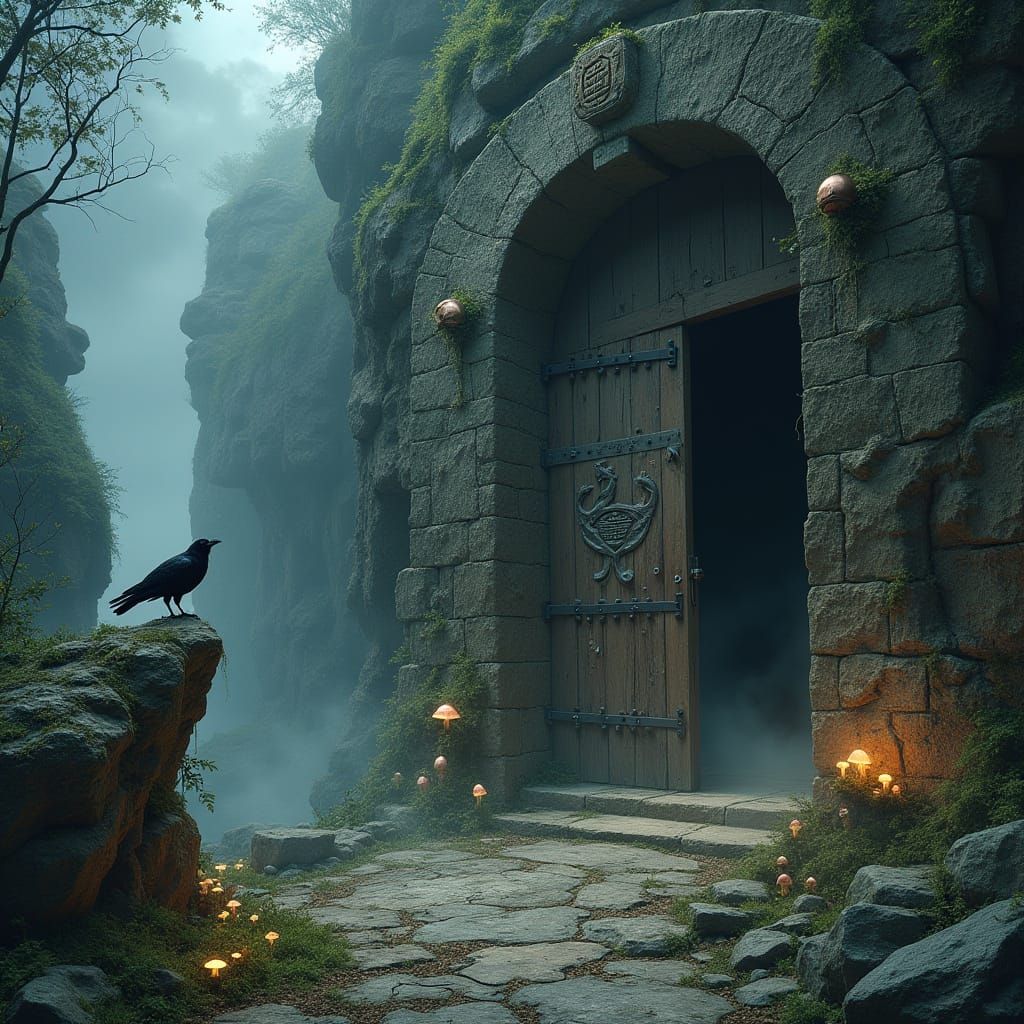 Ancient, Weathered Dungeon Entrance in Dark, Mystical Style