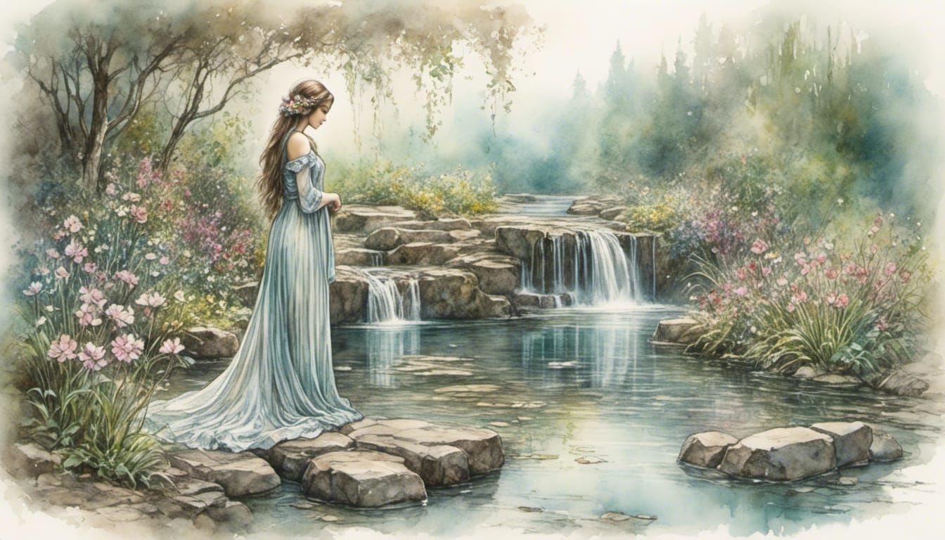Peaceful Woman by Pond with Waterfall