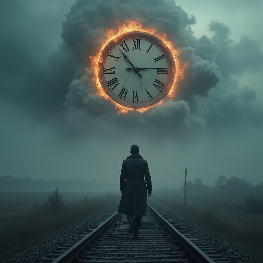 Surreal Clock Tower Over Train Tracks in Fantasy Style