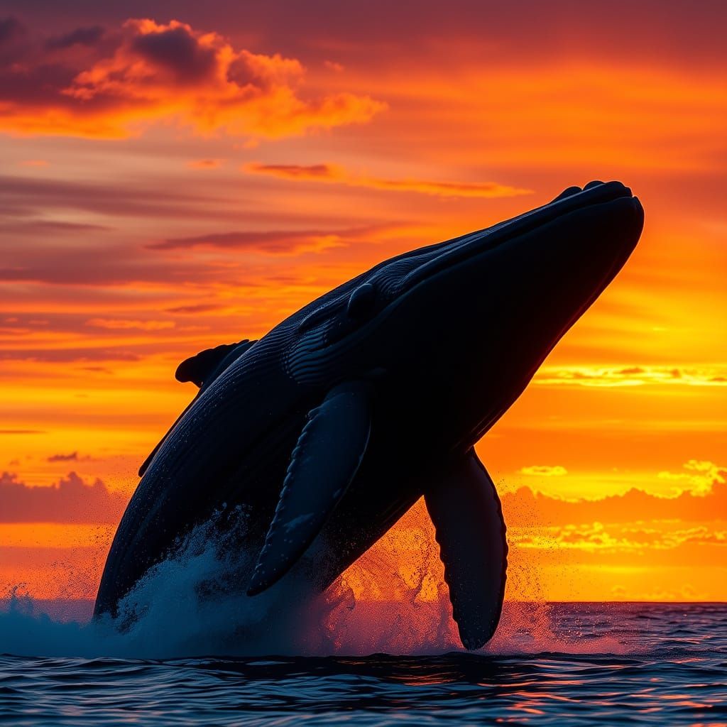 Humpback Whale Breaching at Fiery Sunset
