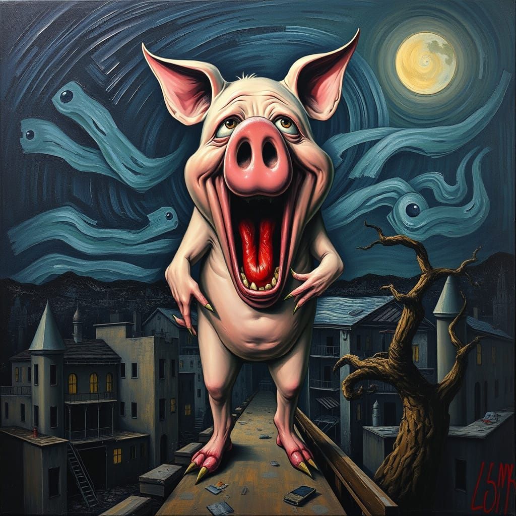 Distorted Porky Pig in Haunting Expressionist Style