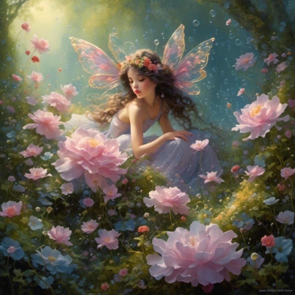 <lora:Chroma Scape:1.0> <lora:Kyoot:1.0> Dewdropsies: Delicate, pixie-like creatures made entirely of dewdrops and petal...