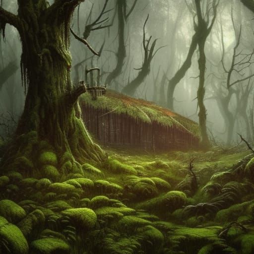 High Gothic Horror Forest Hut in Dark Fantasy Style