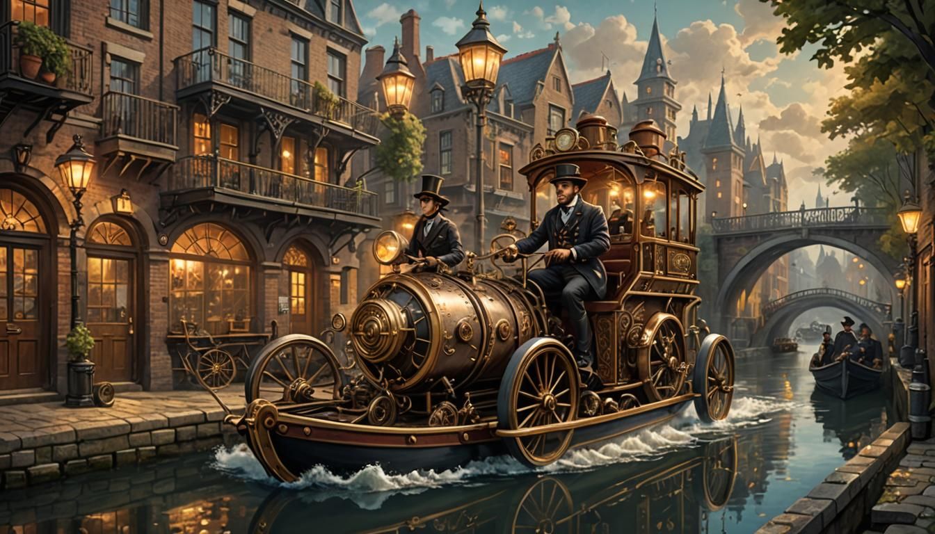 Steampunk Bicycle Paddleboat on Fantastical Canal