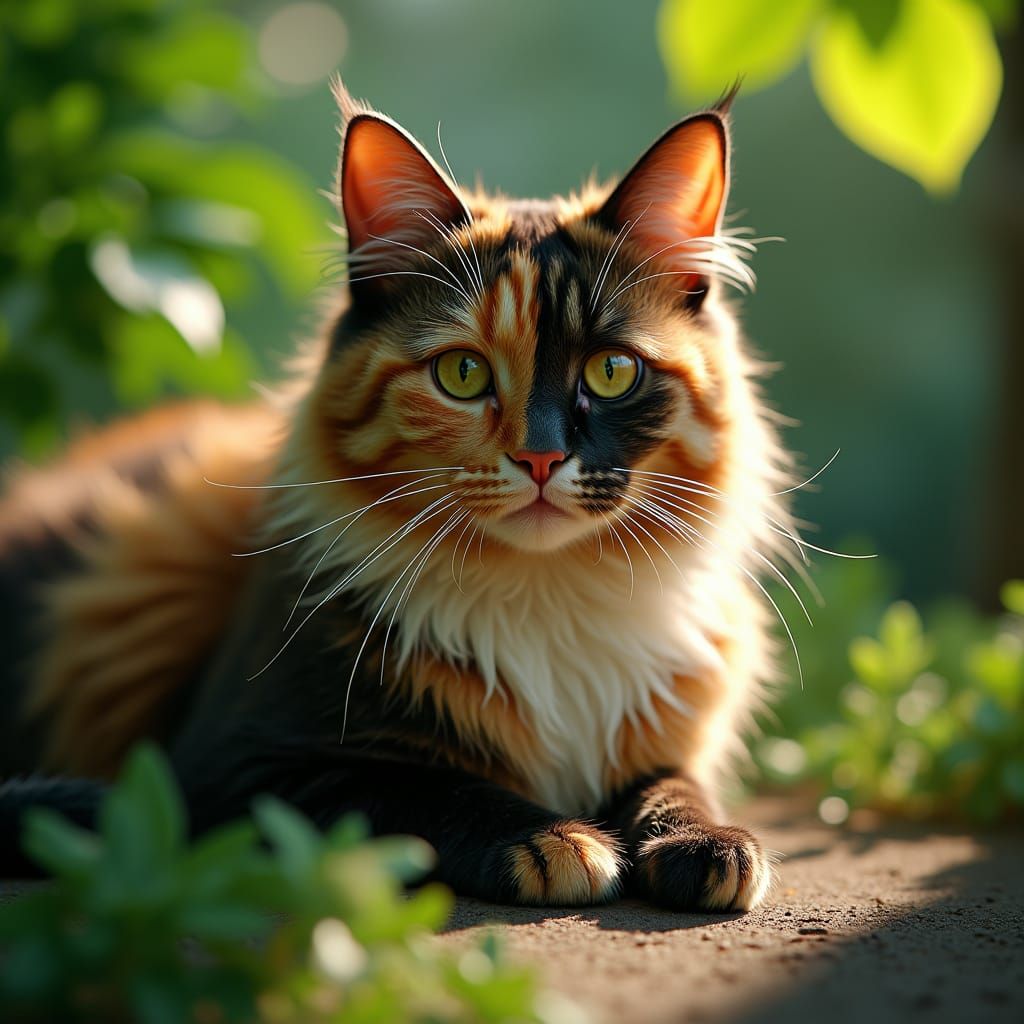 Majestic Tricolour Cat in Lush Outdoor Setting