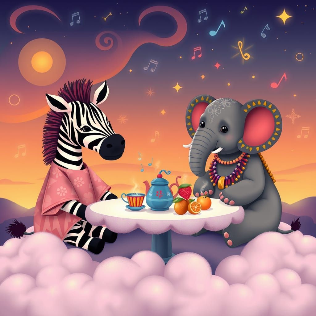 Kawaii Afro-Tribal Animals Tea Party in the Clouds