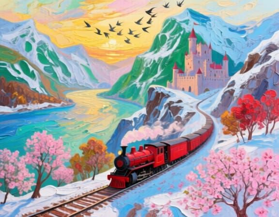 Vivid Red Steam Train Amidst Snowy Mountains at Sunset