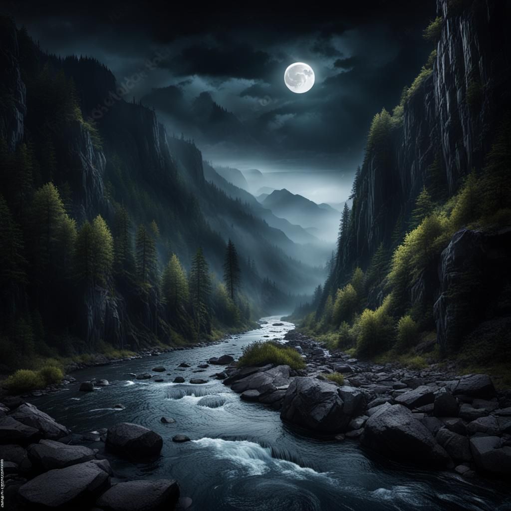 gloomy river gorge in the mountains Scary night scenery