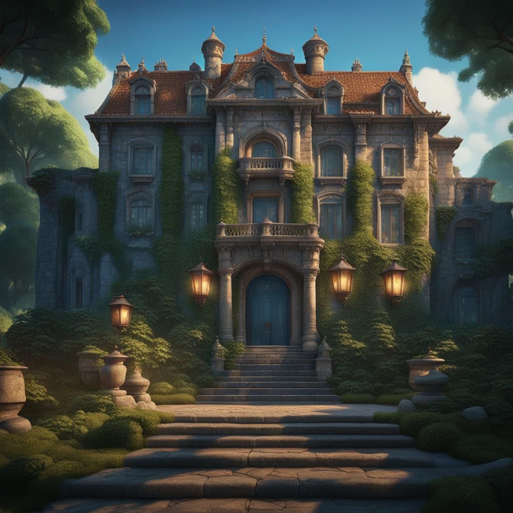 Majestic Stone Mansion in Lush Greenery: Cinematic Art