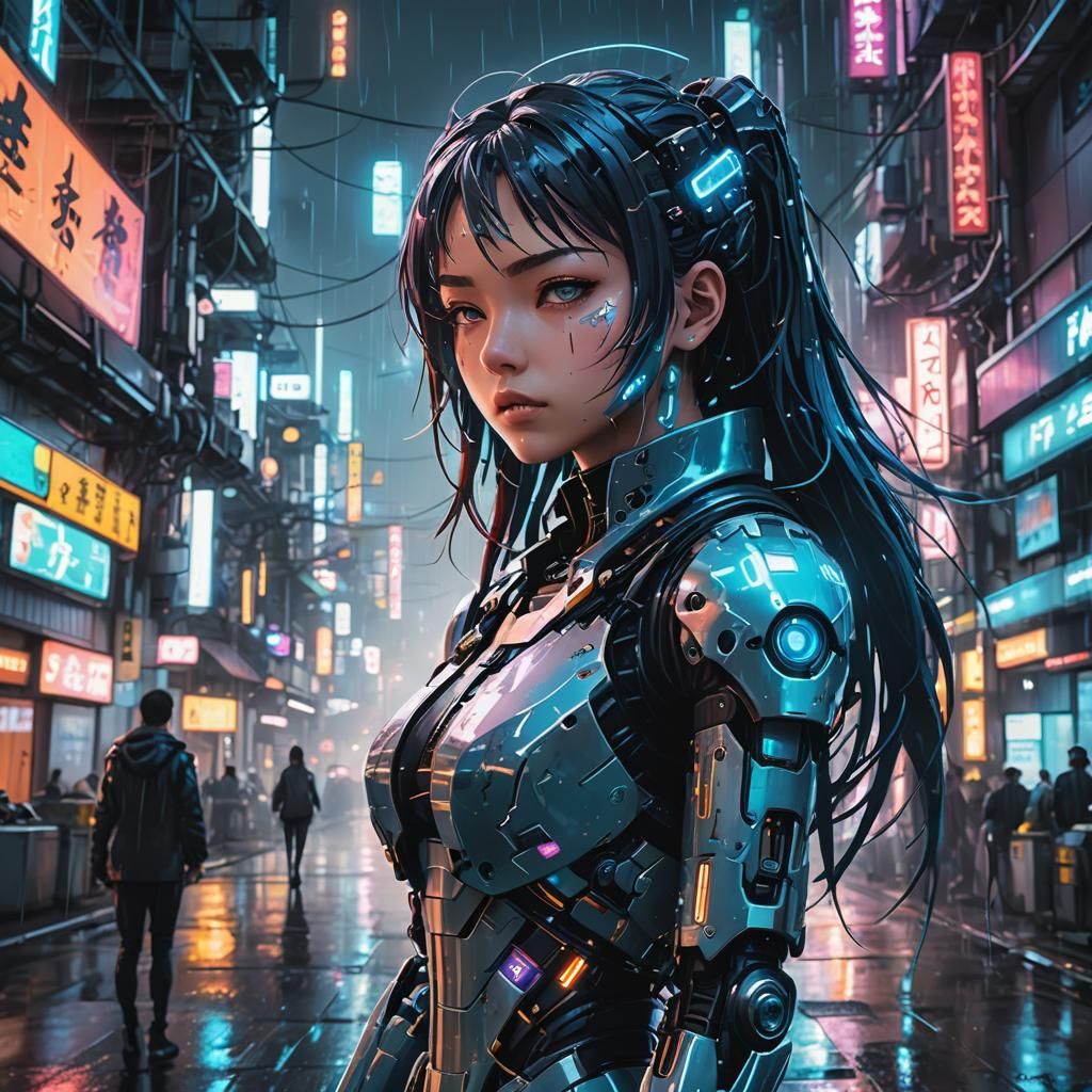 Cyberpunk Robot Girl in Neon Cityscape