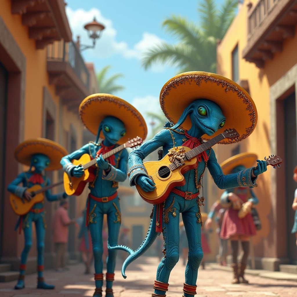 Alien Mariachi Band in Mexican Square: 8k Matte Painting