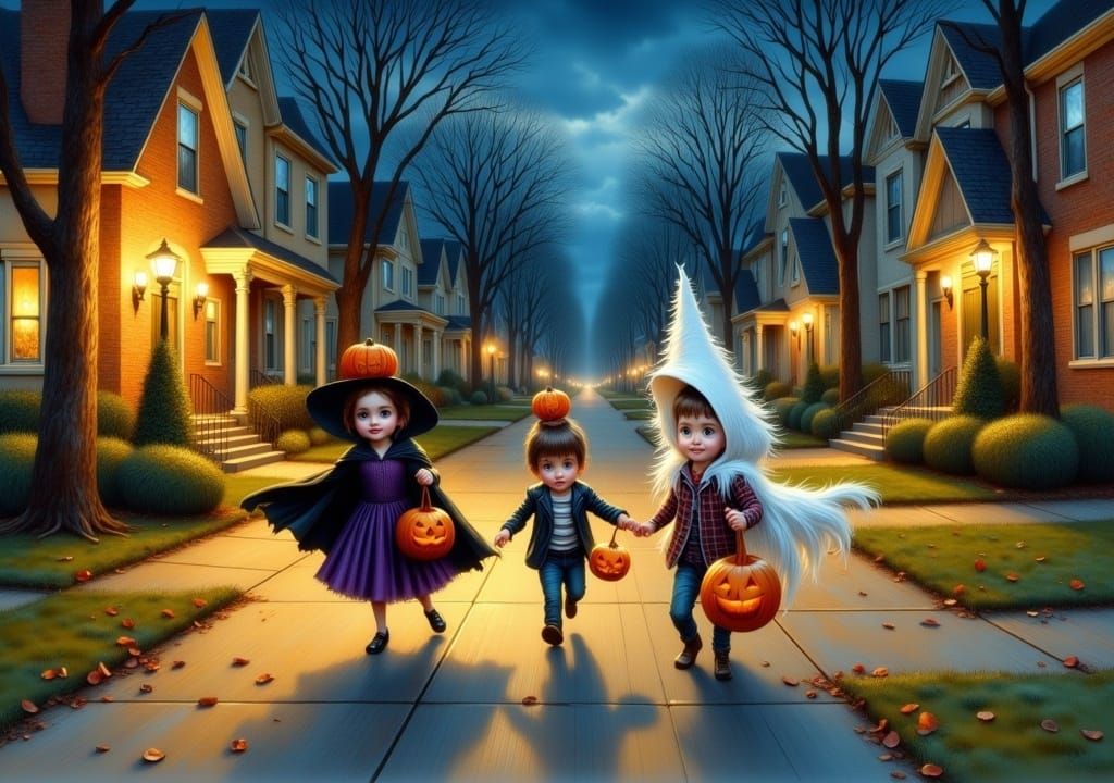 Kids Trick-or-Treating in Whimsical Americana Style