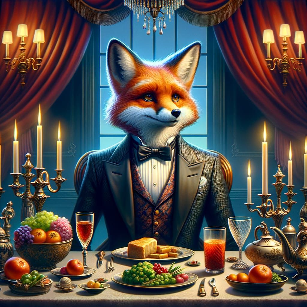 Anthropomorphic Fox in Tuxedo at Elegant Dinner Party