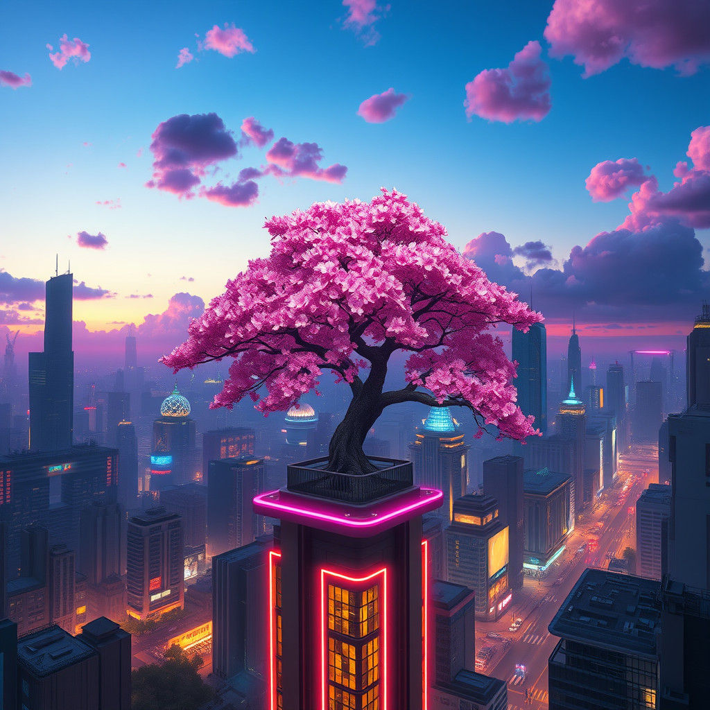 Sakura Tree in Neon Cityscape: Matte Painting