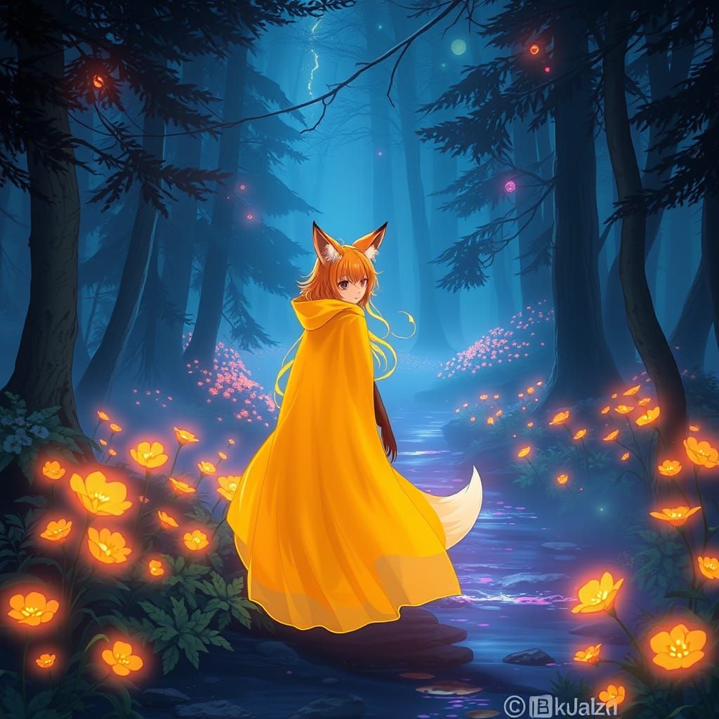 Neon Foxy Lady in Bioluminescent Forest, Anime Style