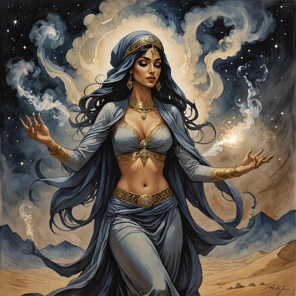 Ethereal Arabian Djinn Under Starry Sahara Sky