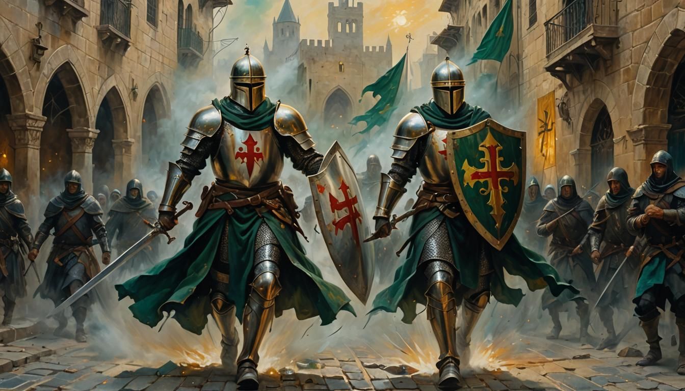 Knight Templar Charge: Renaissance Gothic Oil Painting