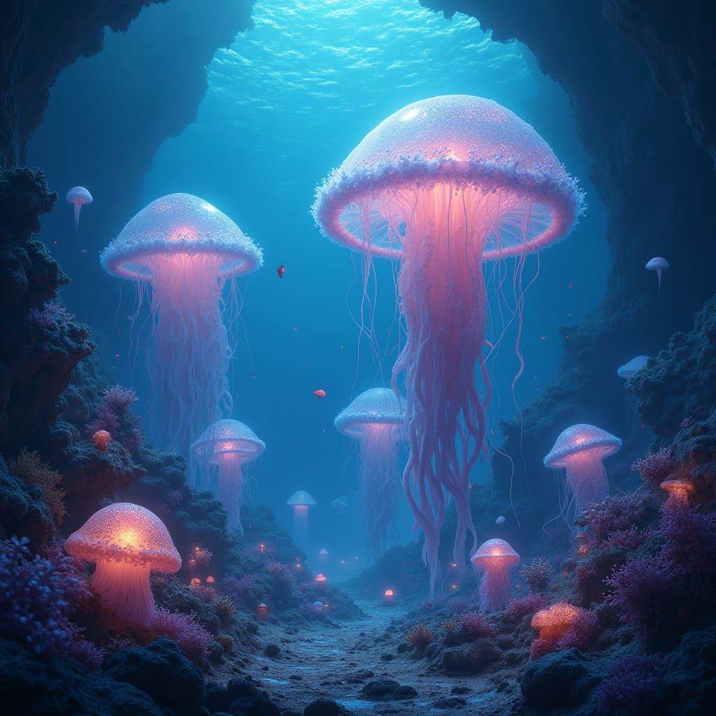Glowing Jellyfish Kingdom Undersea with Crystal Towers