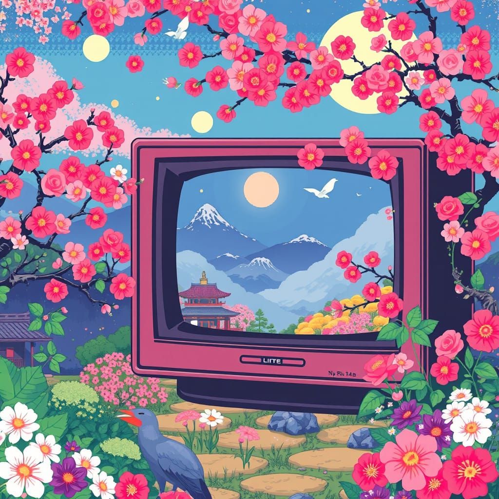 Vibrant Retro Video Game Scene with Hanafuda Whimsy