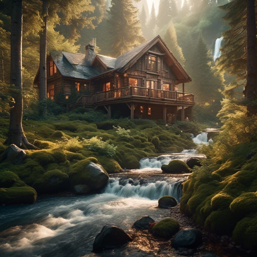 Cozy Forest Cabin by Waterfalls: Digital Matte Painting