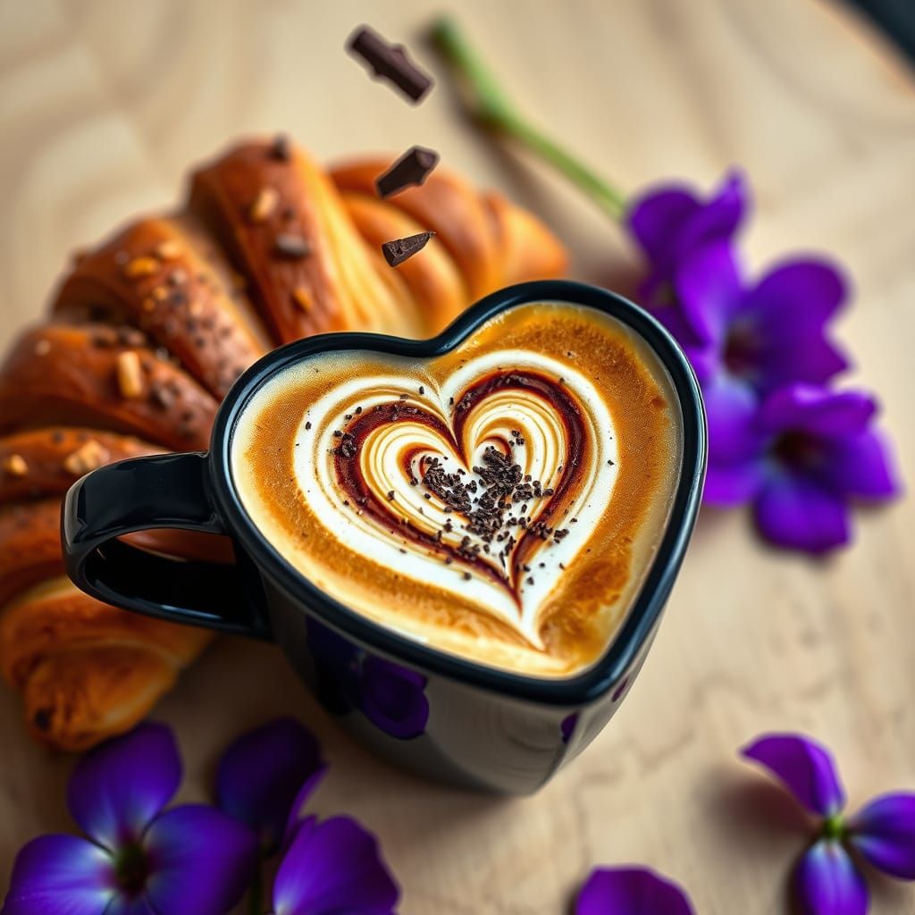 Heart Cappuccino with Cat Croissant, Food Photography