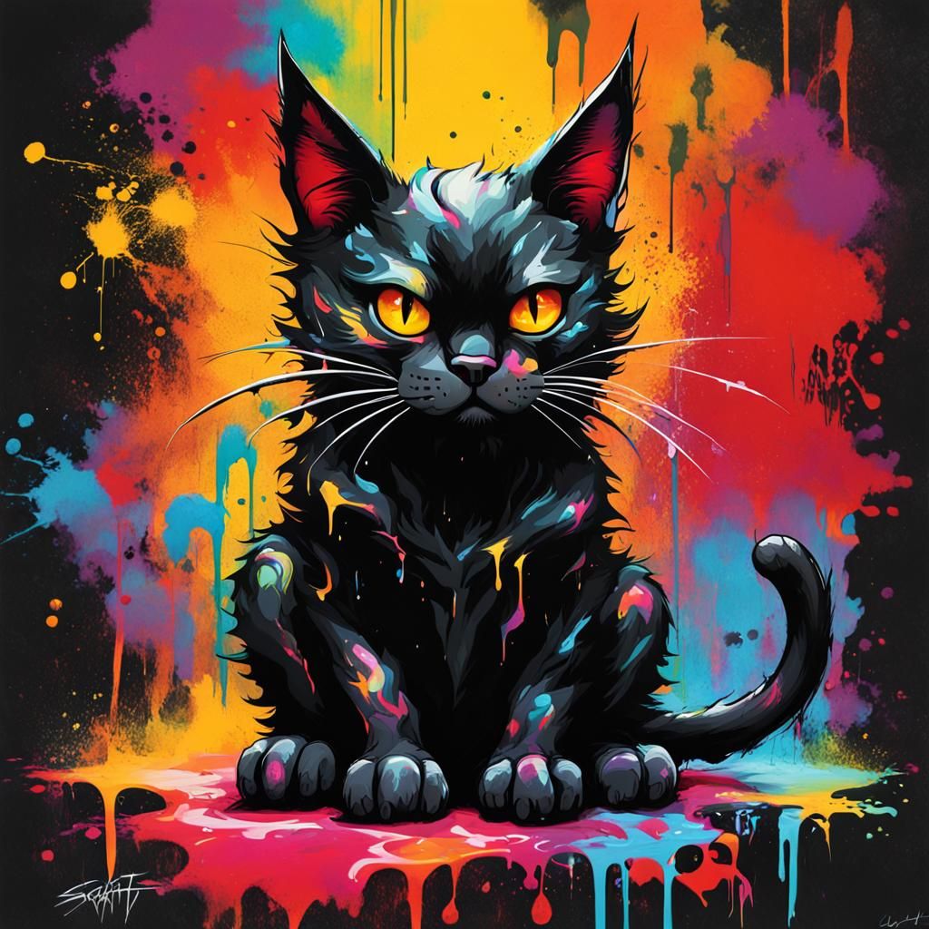 Elegant Black Cat in Graffiti Art Style