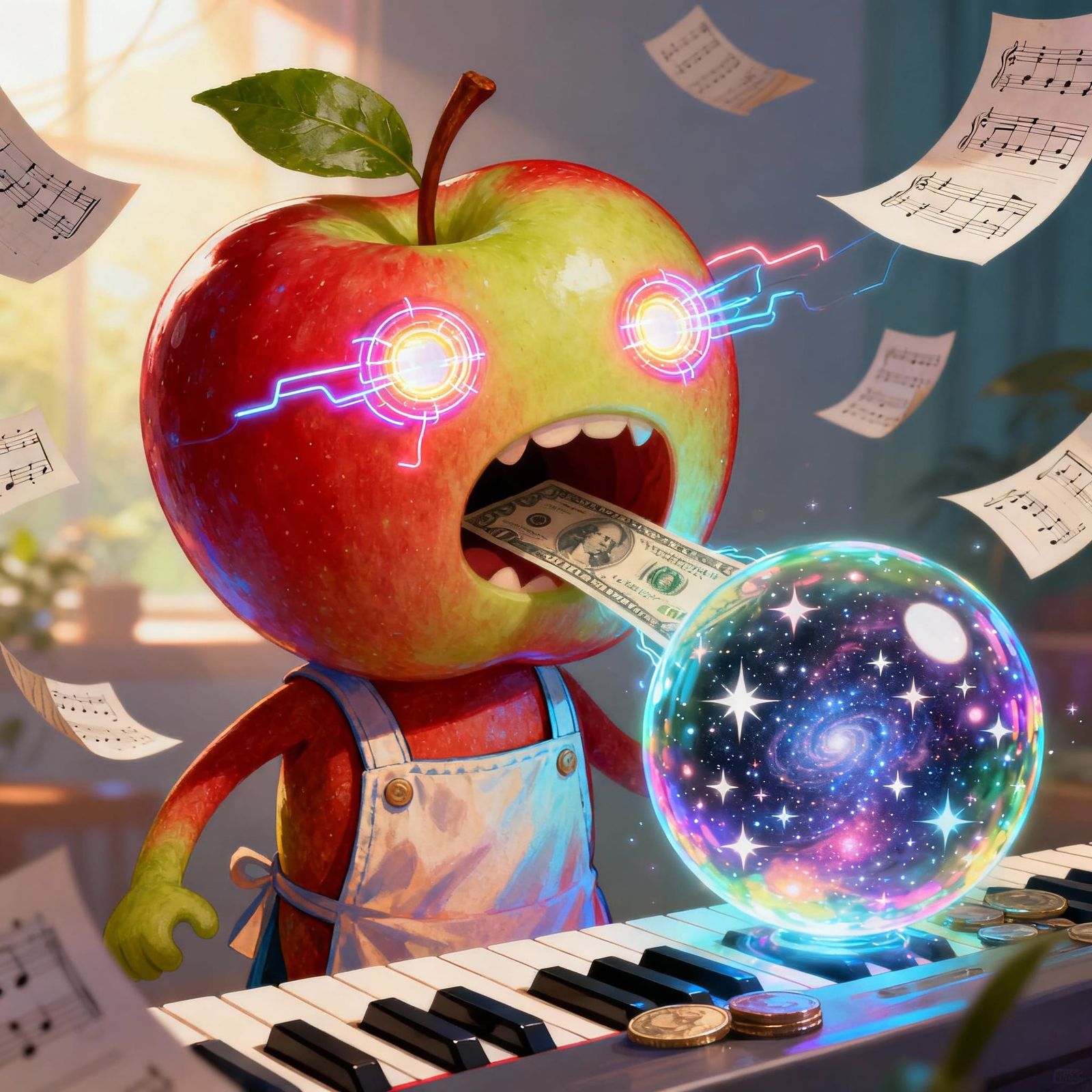Cosmic Apple with Electric Eyes and Flying Sheet Music