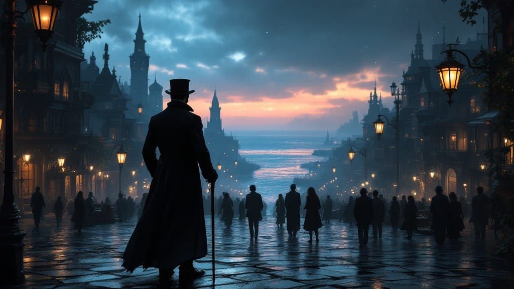 Elegant Gentleman Contemplates Futuristic Horizon in Victori...