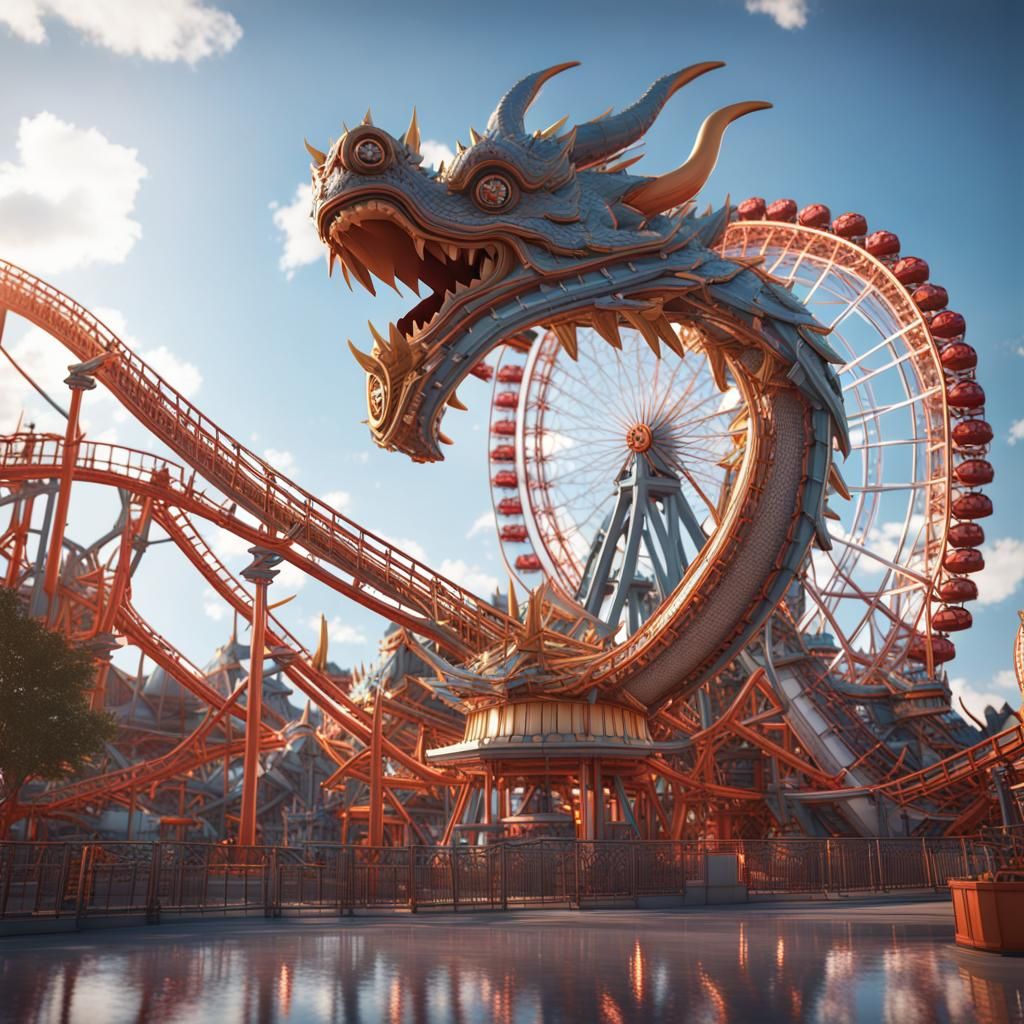 Futuristic Dragon Roller Coaster Theme Park in Sci-Fi Style