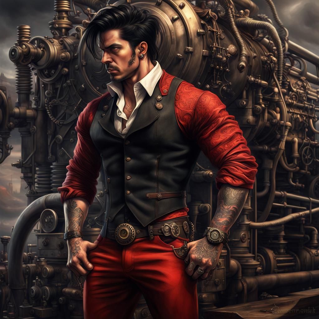 Steampunk Tattooed Man in Red Pants: Digital Matte Painting
