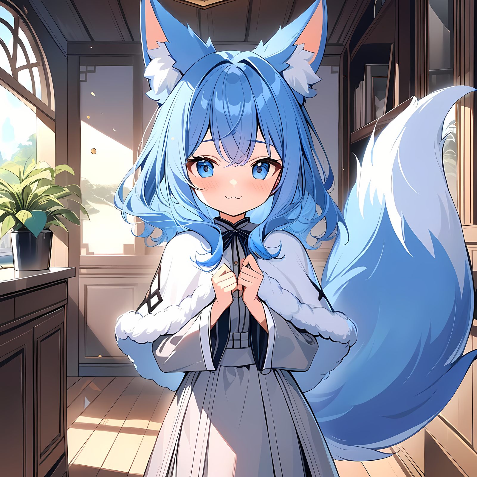 Blue Haired Girl Stands Proud with Fox Ears and Capelet