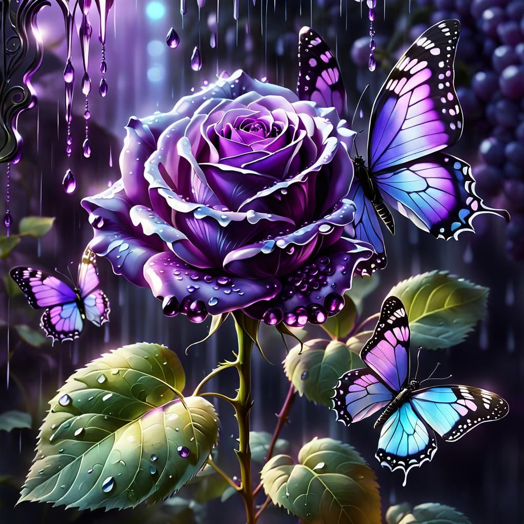 Crystal Rose and Butterfly in Grape Rain, 3D Render