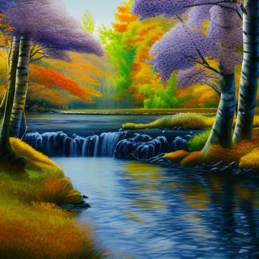 Autumn River Landscape in Gouache Watercolor