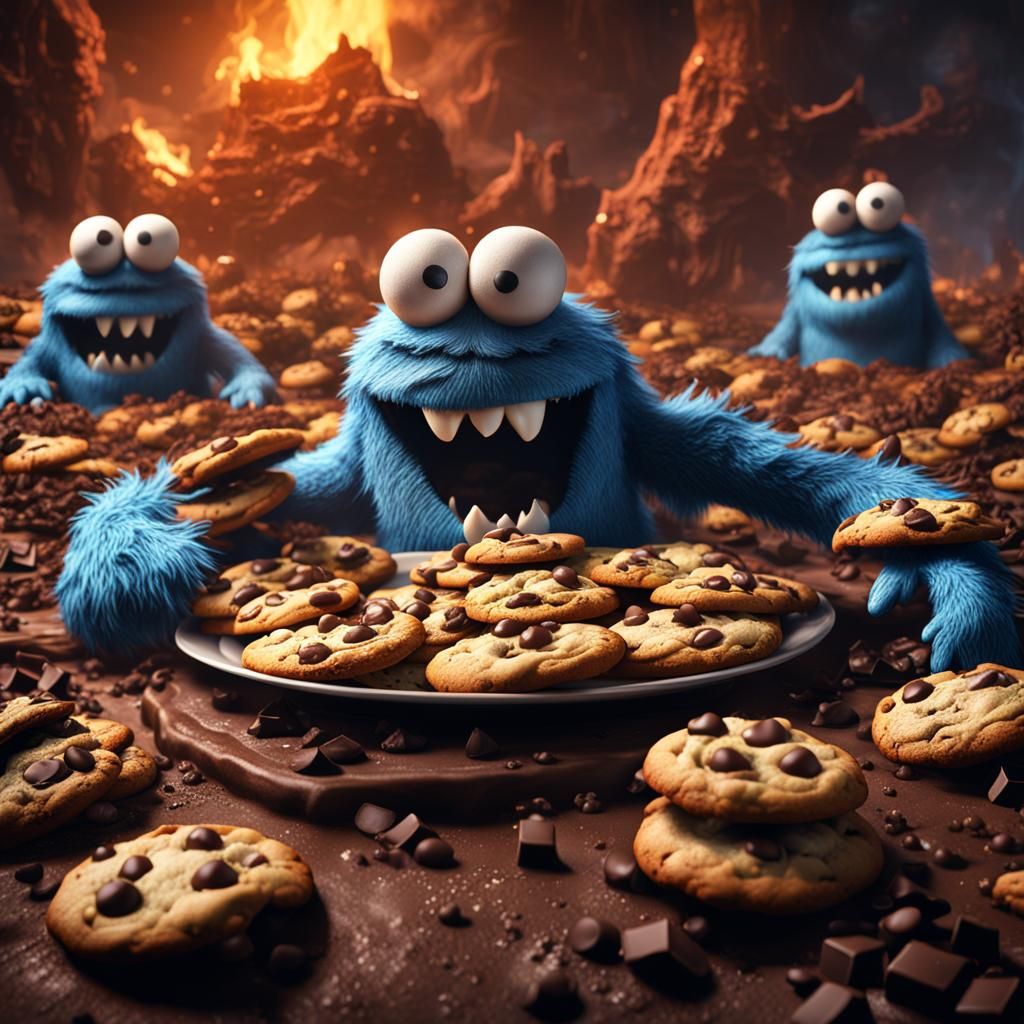 Cookie Monsters Devouring Chocolate Chip Cookies in Hell