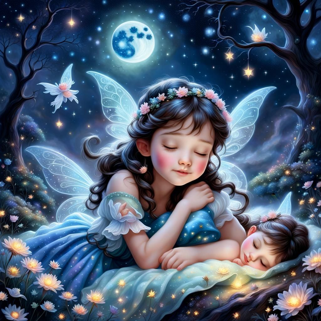 Fairies Sleeping on a Bioluminescent Moon in Galaxy