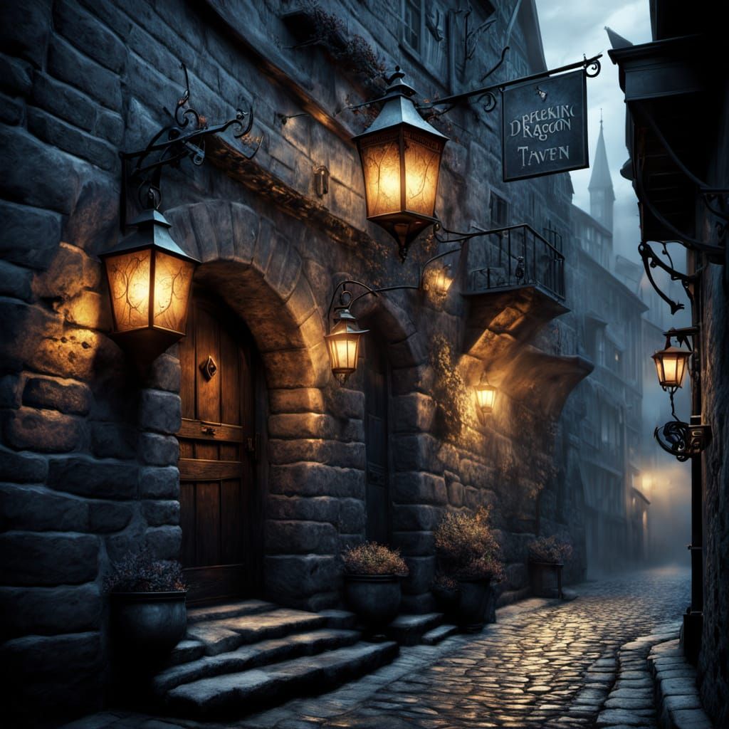 Gothic Alleyway: Dragon Tavern Sign in Moody Lantern Light