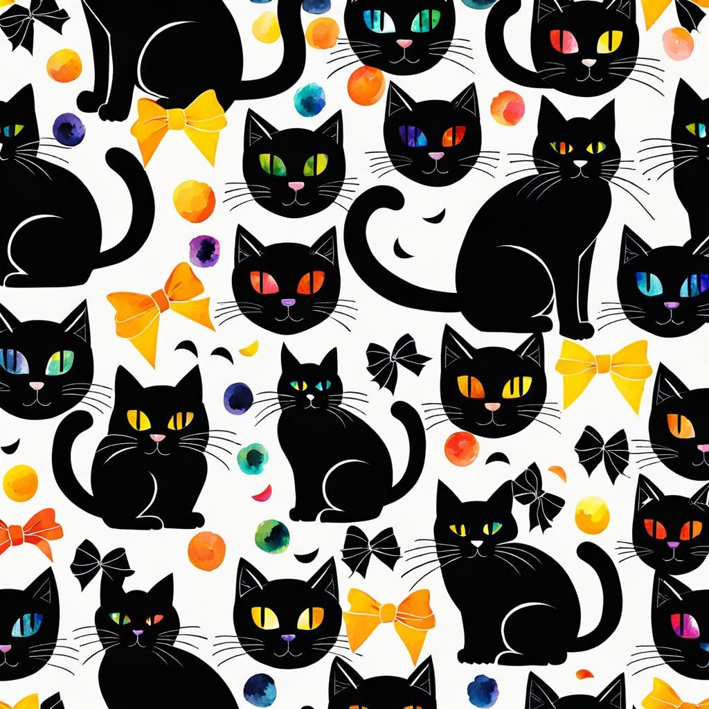 Abstract Watercolor Pattern of Bows and Black Cats