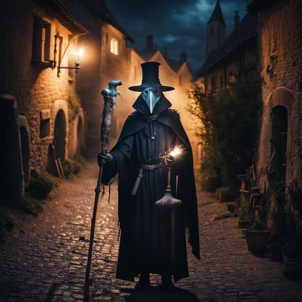 Plague Doctor with Magic Staff in Medieval Village