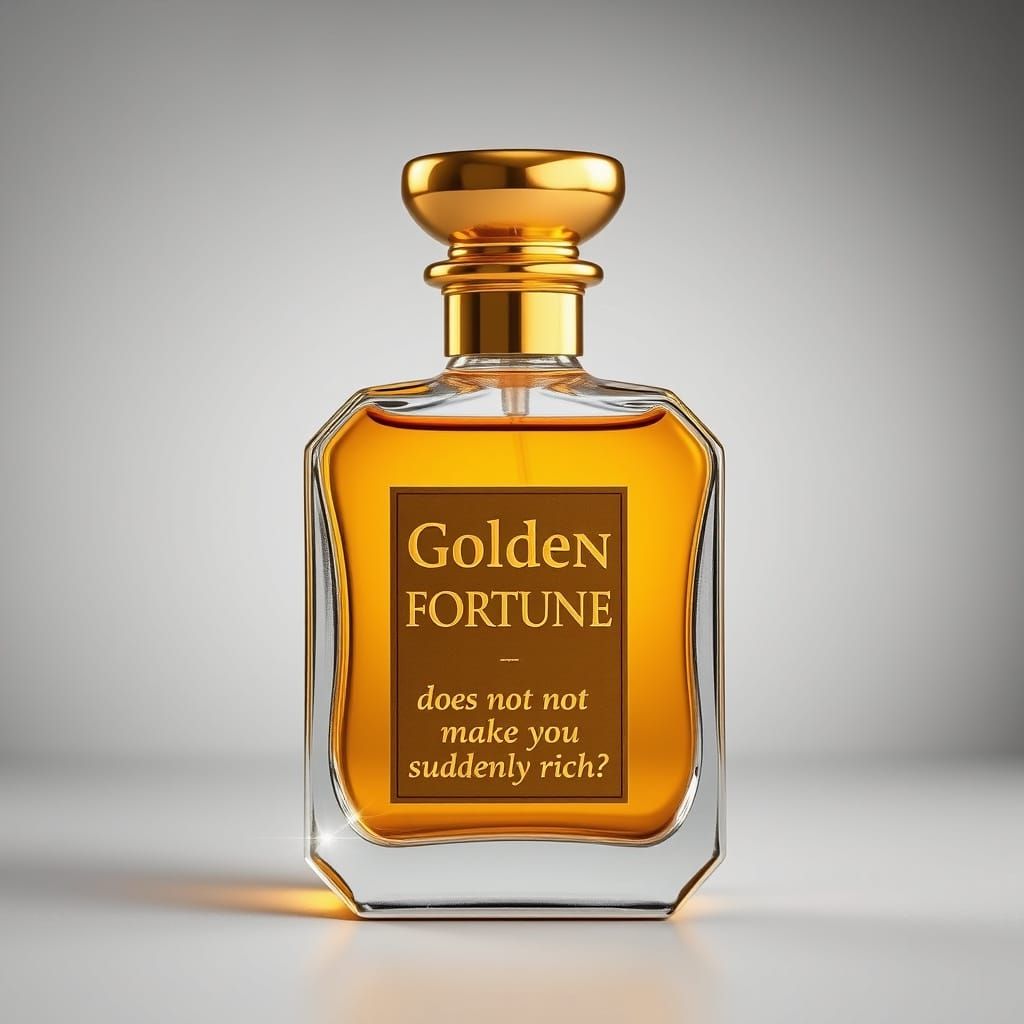 Luxurious Golden Fortune Perfume Bottle with Humorous Discla...