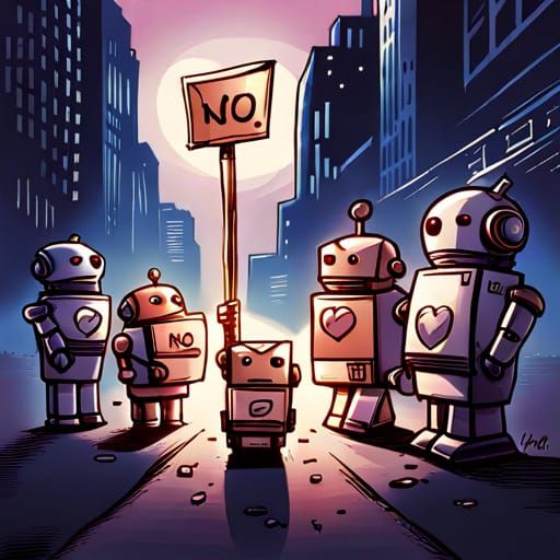 Cute Robots Protest in Urban Comic Book Art