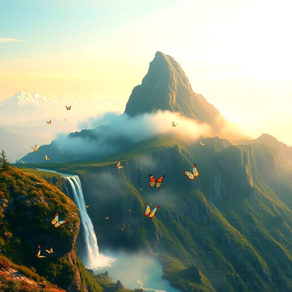 Fantastical Mountain Landscape with Waterfall and Butterflys